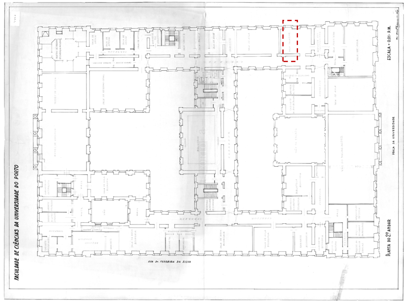 Figura 6 – Localização da Sala Salazar numa planta do edifício da Faculdade de Ciências da Universidade do Porto em c. 1958.