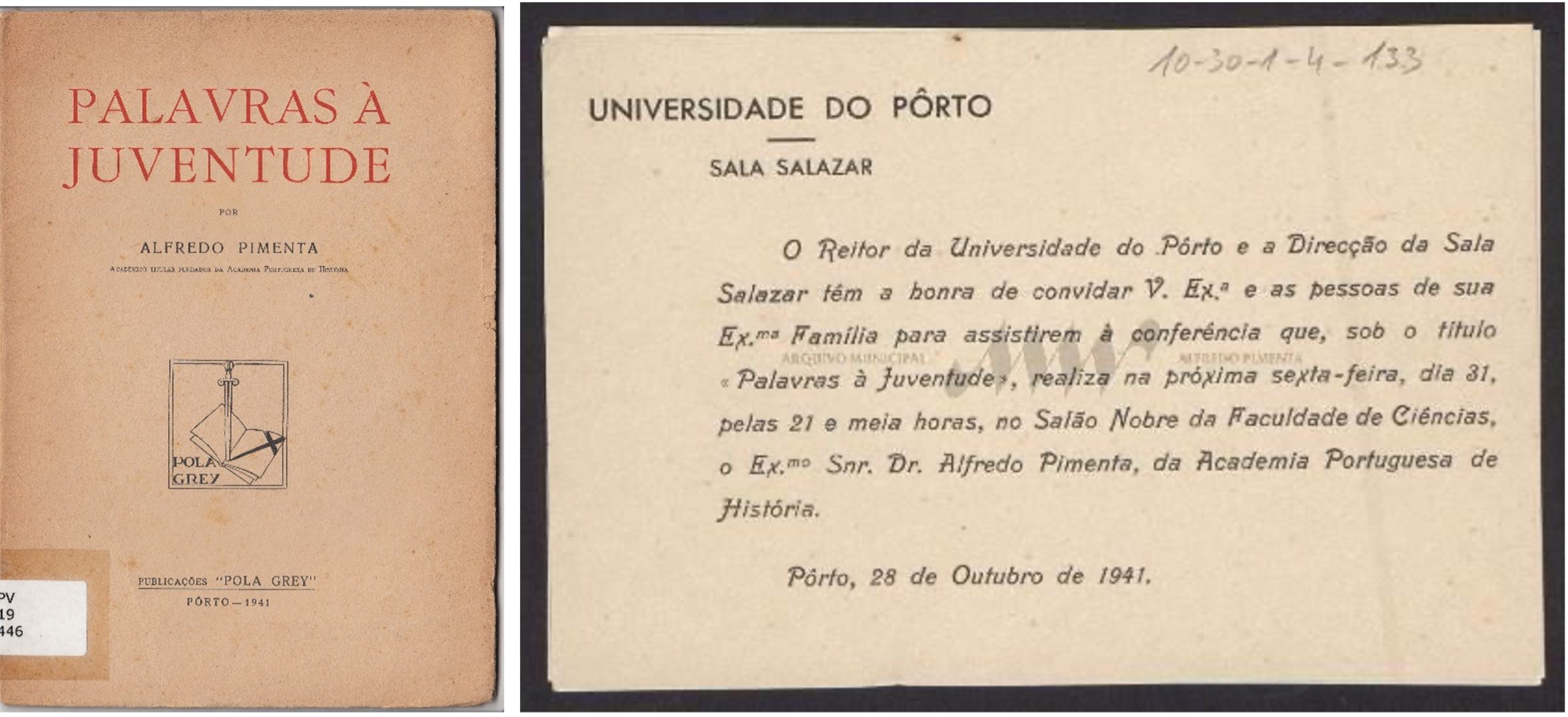 Figuras 7 e 8 – Comunicação de Alfredo Pimenta organizada pela direção da Sala Salazar em 1941.